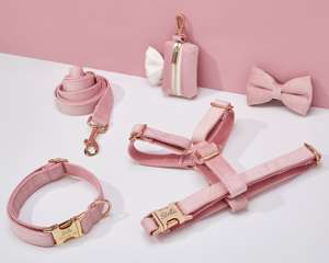 ชุดสายจูงสุนัข babypink Veet ชุดสายจูงสุนัขแบบปรับแต่งได้ + ปลอกคอ + หูกระต่าย + ที่ใส่กระเป๋าไม่มีสายรัดสำหรับงานแต่งงาน - Product Image 1