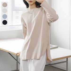 Camiseta <span class=keywords><strong>de</strong></span> Manga Larga <span class=keywords><strong>de</strong></span> Algodón para <span class=keywords><strong>Mujer</strong></span>, Color Sólido, Básica, con Abertura Lateral, Informal, para Primavera y Otoño - Product Image 3