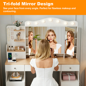 Modern LED Vanity <b>Desk</b> with Tri-Fold Mirror, 2 USB Ports & 3 Drawers, Makeup Table with Lights, Bedroom Dressing Table White MDF - Product Image 3