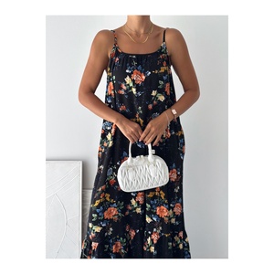 Women's Black Floral Strappy Viscose Maxi Dress With Side Pockets Casual <b>Long</b> Dress - Product Image 4