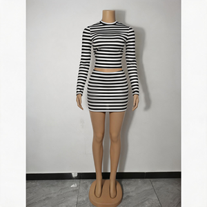 Conjunto de Dos Piezas para Mujer, Top de Manga Larga a Rayas Blancas y Negras, <span class=keywords><strong>Falda</strong></span> Midi, Estilo Casual para Salir de Fiesta, Suave y Elástico, <span class=keywords><strong>con</strong></span> Logotipo Personalizado - Product Image 3