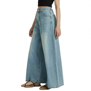 À la mode taille haute décontracté grande taille droite jambe <span class=keywords><strong>large</strong></span> femmes <span class=keywords><strong>jean</strong></span> polyvalent Stretch bleu toutes saisons pantalon en <span class=keywords><strong>jean</strong></span> ample - Product Image 4