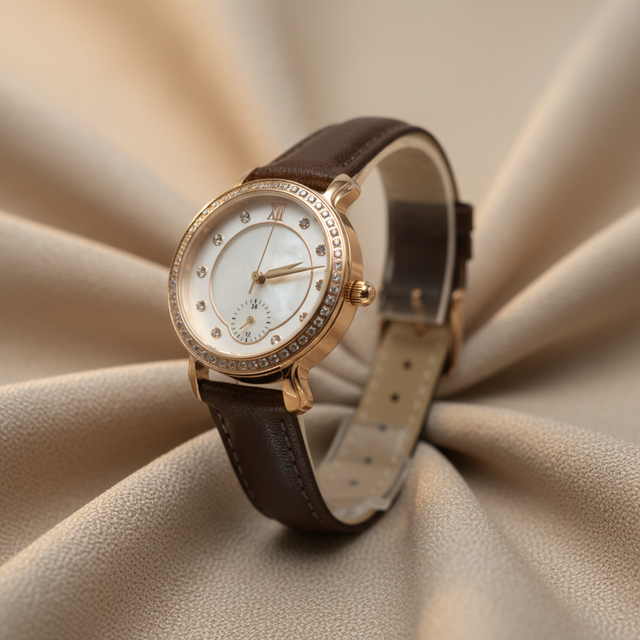 Luxurious Women's Dress Watch with Gem Bezel Diamond Indexes Custom Timepiece Analog Display Quartz Movement Leather Strap