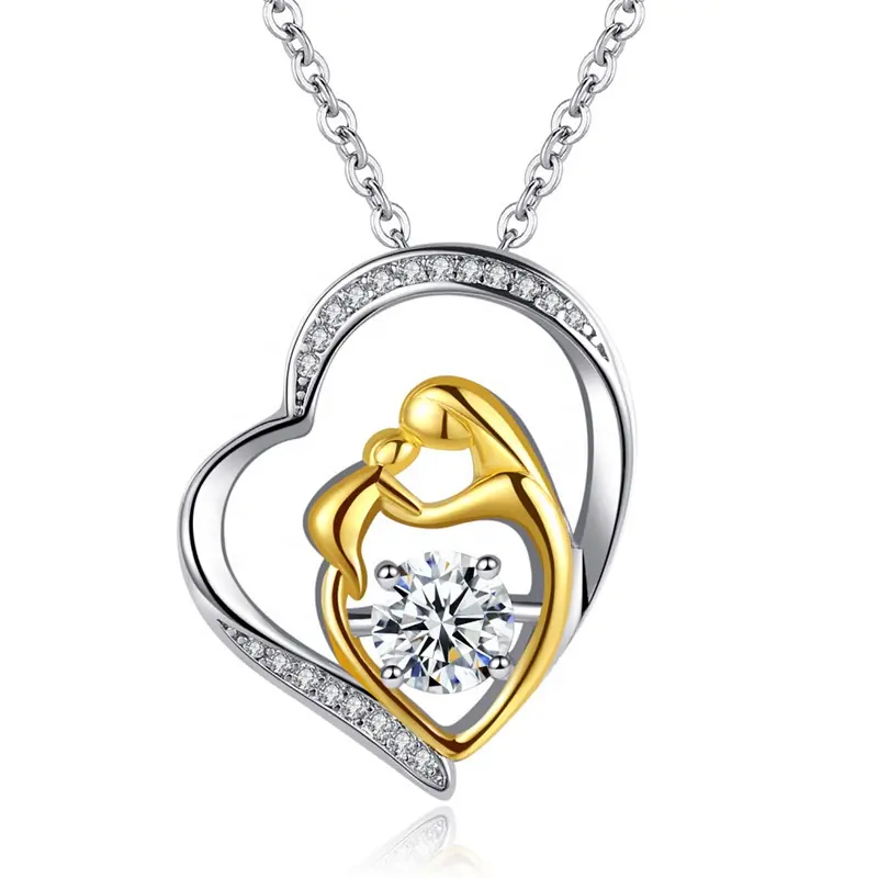 Colar de luxo com pingente de coração para mulheres, joia estilo fashion para mãe e filho, prata esterlina 925 e ouro