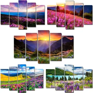 Cuadro de montaña con flores, paisaje de la naturaleza del amanecer, arte de pared, arte impreso, 5 piezas