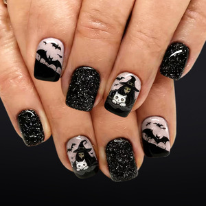 <span class=keywords><strong>Uñas</strong></span> postizas de Halloween <span class=keywords><strong>con</strong></span> diseño de bruja en colores pastel, suministro a granel, cortas, cuadradas, <span class=keywords><strong>rosa</strong></span> pálido, <span class=keywords><strong>con</strong></span> purpurina negra, diseño de gatito, murciélago y mecánico - Product Image 1