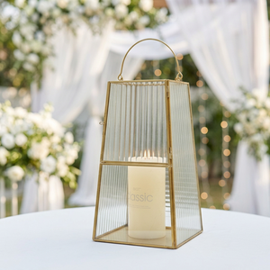 Wholesale <b>Square</b> Taper Glass Hurricane <b>Candle</b> Holder with Brass Metal Frame for Weddings Events Decorations - Product Image 1