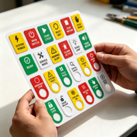 Étiquettes personnalisées pour panneau de commande, autocollants PVC pour boutons d'arrêt d'urgence, marche/arrêt, pour machines industrielles et armoires électriques