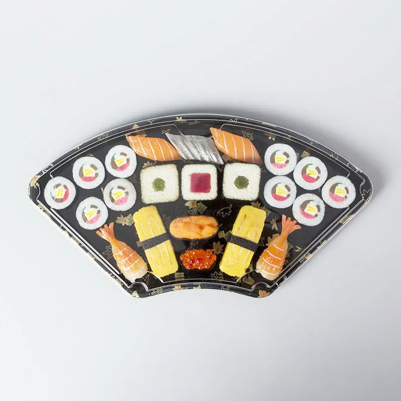 Fan-shaped disposable japanese sushi tray pack packaging plastic envases takeaway black container to go box with lid