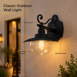 IP65 Waterproof Outdoor Wall Sconce Iron E27 Clear <b>Globe</b> Shade Matte Black Curved Arm For Garden Porch Wall Mounted - Product Image 2