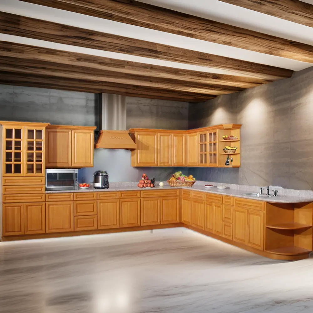 Design personalizado Villa moderna cozinha armário madeira maciça painel estilo MDF carcaça PVC porta laca mármore laminado bancadas
