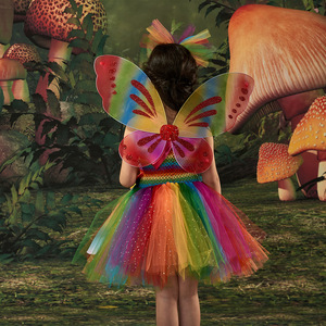 Crianças Dança Performance Stage Costume Natal Meninas Festa Carnaval Vestuário Com Asas Rainbow Tutu Vestido para Crianças - Product Image 2