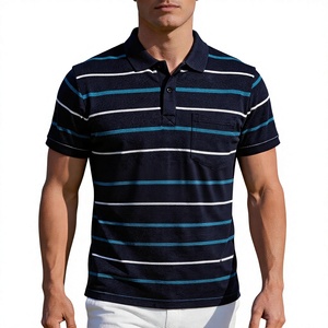Men's Striped Short Sleeve Polo Shirt Knitted Casual Pocket Design Regular Fit Navy Blue White Teal Regular Fit Bangladesh - Product Image 1
