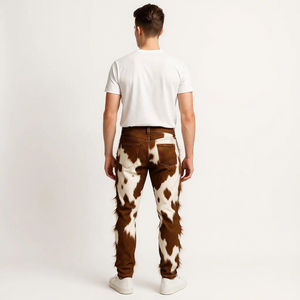 Fashion Circle Industry <b>Men's</b> Brown Cow Hair on <b>Leather</b> Winter Casual Windproof Patchwork Zipper Fly <b>Trousers</b> - Product Image 3