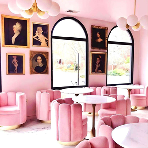 Mesa de Comedor y Sillas de Comedor Modernas de Terciopelo Rosa de Alta Calidad, Personalizadas, con Banco y Asientos de Banquete para Cafetería y Restaurante - Product Image 1