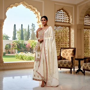 Cream Chinon Embroidered Top With Plazzo And Dupatta Traditional <b>Indian</b> Ethnic Wear For Wedding <b>Indian</b> Boutique LAtest Exclusive - Product Image 1