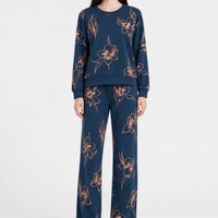 Ensemble pyjama décontracté pour femme, col rond, broderie florale, tricot, deux pièces, pull ample, pantalon large, vêtements de nuit, hiver, vêtements de détente doux