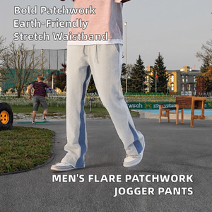 Pantalon de jogging décontracté évasé pour homme en tissu éponge, design patchwork à devant plat, logo personnalisé, taille élastique, coupe empilée - Product Image 2