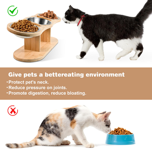 Support de gamelle surélevé pour chat avec 3 bols en acier inoxydable-Mangeoire en bambou inclinée à 15 ° pour chats d'intérieur et petits chiens - Product Image 4