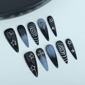 <span class=keywords><strong>Uñas</strong></span> artificiales hechas a mano, patrón de círculo de <span class=keywords><strong>cielo</strong></span> estrellado <span class=keywords><strong>azul</strong></span> pintado a mano de colores mezclados, <span class=keywords><strong>uñas</strong></span> reutilizables de alta calidad. - Product Image 1