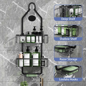 Support mural à 3 niveaux avec crochets 5 en 1 ajustable et antirouille pour serviette de bain, shampoing, savon, rangement, <span class=keywords><strong>douche</strong></span>, étagère suspendue - Product Image 5