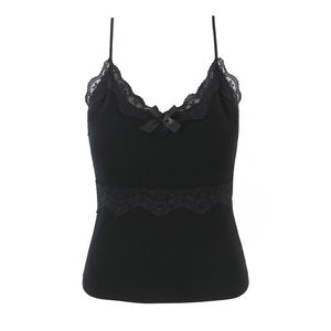Happy Plus <b>Lace</b> Trim Camisole N9215 Women <b>Black</b> White High Elasticity Solid Color Viscose Fiber <b>Top</b> - Product Image 3