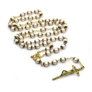 real natural Pearl Rosary Handmade Bead Chain Style Cross Necklace Catholic Christian Religious Gift