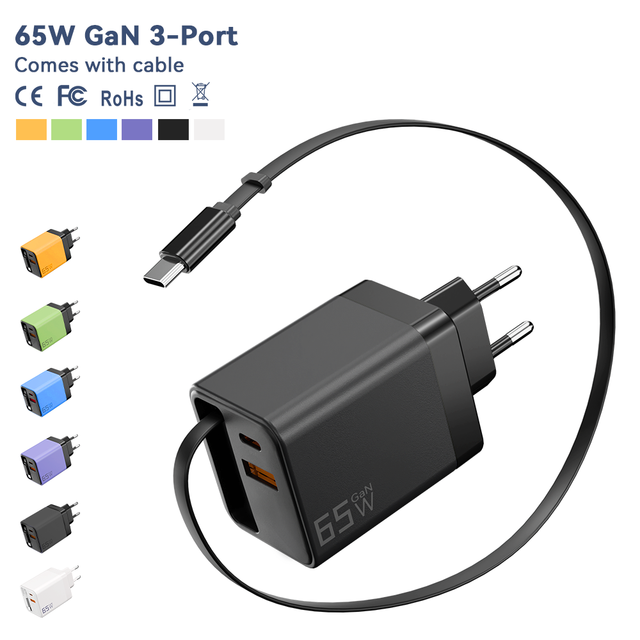 All-in-One 65W GaN 3-Port Fast Charger with Built-in Retractable Cable Spool Design Travel Charger Portable Office Travel Use