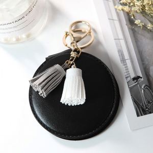 New Foldable Fashion PU Leather Pocket Makeup Mirror Tassels Bag Charm Women Portable Free Custom Logo Mirror <b>Key</b> <b>Chain</b> Portable - Product Image 2