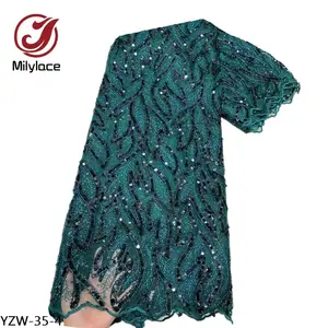 African Women Dress Green Plants Design Plain Color Embroidery Tulle Nigerian Lace Fabric with Sequins