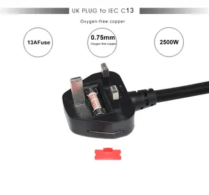 Cable Leader 6ft 18 AWG kabel daya Notebook Inggris dengan 2.5 A Fuse, IEC-320-C5 ke UK Plug BS1363