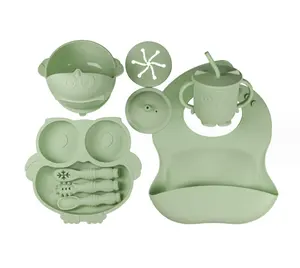 High Quality Kids Suction 9Pcs Baby Feeding Set Silicone Food Grade Plate Bowl Spoon Set Dinner ware