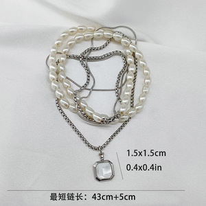 yunnique Faux Pearl Beaded Square Pendant Three Layer Necklace <b>Titanium</b> Steel Clavicle <b>Chain</b> For Men And Women Geometric Design - Product Image 4