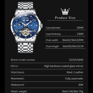 Drop Shipping OLEVS Men Watch Original Tourbillon Multifunctional Mechanical Watch Astral Dial Watches For Men Moon Phase Reloj - Product Image 4
