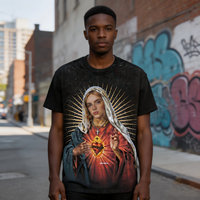 T-shirt personnalisé avec impression DTG, motif Cœur Sacré, style vintage délavé, coupe oversize, streetwear en coton pour la vente en gros