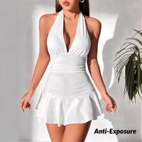 Robe mini moulante sexy pour femme, col licou, dos nu, taille froncée, ourlet évasé, en polyester et élasthanne, pour clubbing et loisirs en extérieur