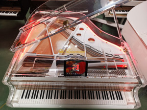 Piano à queue Heinemann Crystal, design transparent fait main avec éclairage LED en option, modèle GP-160, offrant un design transparent. - Product Image 1