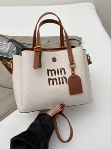 Luxury Designer Inspired Canvas Leather Trim Bucket <b>Tote</b> <b>Bag</b> Women With Embroidery Lettering - Product Image 1