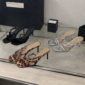 Nouvelles Sandales à Talons Aiguilles Imprimé Léopard pour Femmes, Bout Ouvert Carré, en Maille, 5-8cm, Collection 2025, Meilleures Ventes - Product Image 6