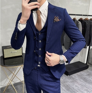 Bộ vest cưới nam ba mảnh kẻ sọc, một khuy, size M-5XL, dành cho đám cưới và công việc (Áo khoác + Áo ghi lê + Quần) - Product Image 4