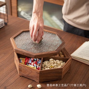 Caja de almacenamiento de madera de estilo chino con forma de polígono y tapa de vidrio para refrigerios, dulces, frutas, organizador de escritorio para el hogar - Product Image 5