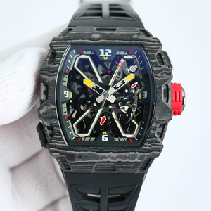 Reloj Automático Mecánico de Lujo de Excelencia Inigualable, Tonneau de 50 mm, Fibra de Carbono Negra, Corona Roja, Puntero Luminoso, Correa de Goma - Product Image 2