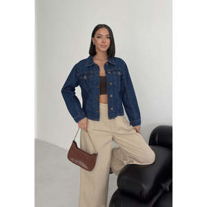 <b>Denim</b> Jacket Women <b>Dark</b> <b>Blue</b> Cotton Button Front Classic Fit Casual Outerwear - Product Image 1