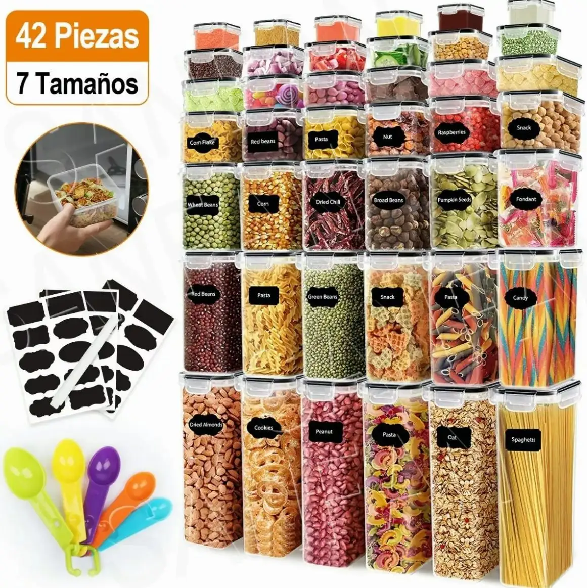 16 24 36 peças conjunto de cereais empilháveis de plástico hermético sem Bpa, organizador de cozinha, recipiente em caixa para armazenamento de alimentos secos, 42 pacotes
