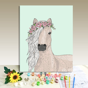 Peinture par numéros DIY Cheval blanc avec couronne de fleurs, disponible sans cadre ou avec cadre, défilement encadré disponible, décoration murale animale fraîche pour la maison, peinture à l'huile - Product Image 1