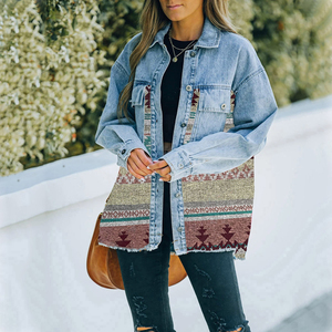 Jeans vestes décontractées 2023 automne hiver nouveau Aztec poche à revers manteau en <span class=keywords><strong>jean</strong></span> Patchwork manches longues laine <span class=keywords><strong>veste</strong></span> rétro pour femmes - Product Image 3