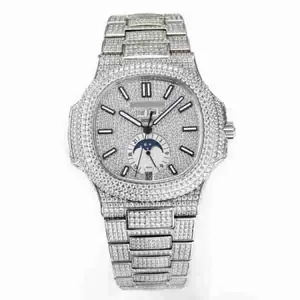 OEM/ODM montres de luxe en diamant pour hommes mode argent acier inoxydable montre-bracelet mécanique Hip Hop Iced Out Moissanite montre