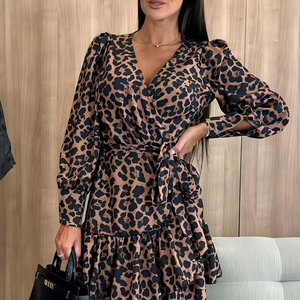 Vestidos estampados de leopardo para mujer con cuello en V con cordones burbuja Vestido sexy de manga larga Elegante Mini vestido de otoño para citas - Product Image 1