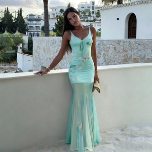 Vestido Maxi Azul Menta con Cuello en V, Efecto Moldeador de Busto, Cintura Ajustada, Dobladillo de Sirena, Parches de Malla en Contraste, Estilo Resort - Product Image 4