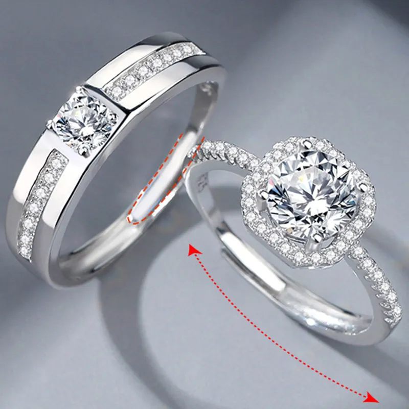 DQ8384R S925 Sterling Silver Couples Ring Zircon Bague de fiançailles pour hommes et femmes est réglable Cubic Zircon Couples Ring